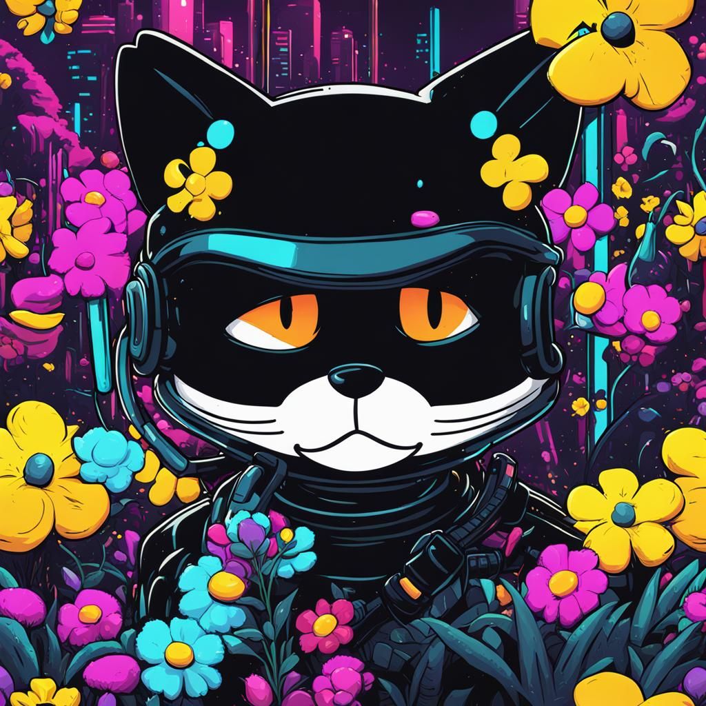 Felix the Cat with Flowers in Cyberpunk Style