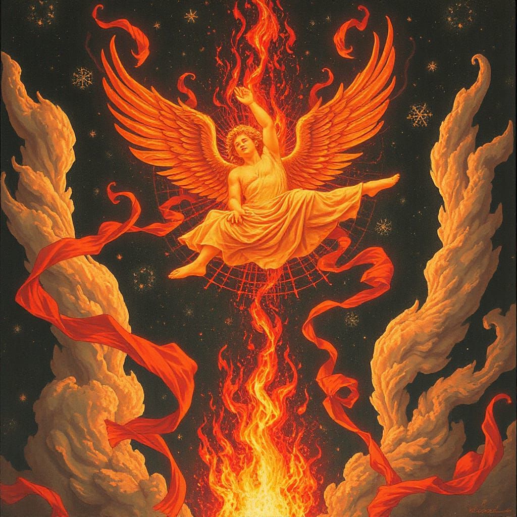 Fiery Cherubs Over a Future City: Red Digital Art