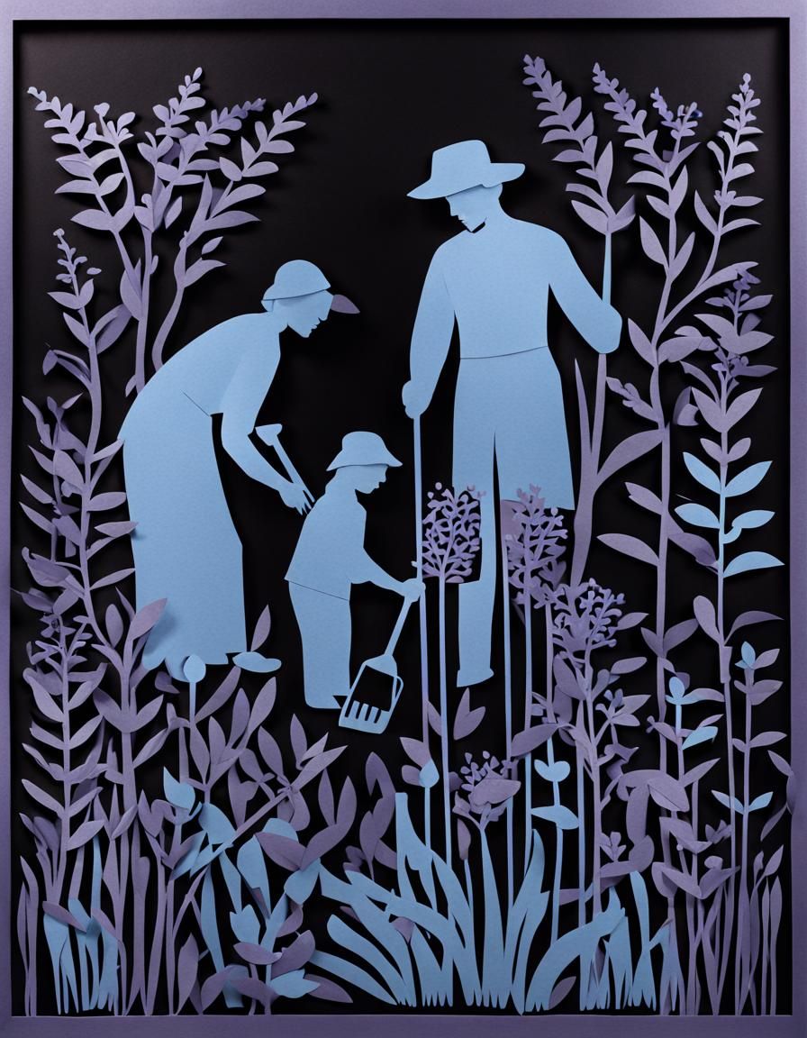 Intricate Paper Cutout: Family Gardening Scene