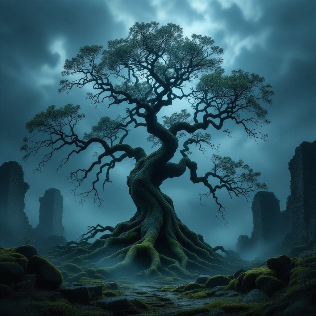 Ancient Tree in Ruined Landscape Under Stormy Sky