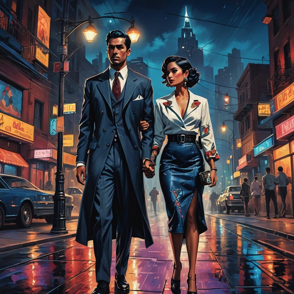 Zoot Suiter and Woman in Noir Cityscape