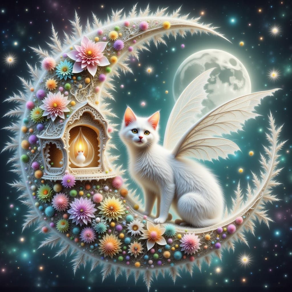 Enchanted Fairy Tale Landscape with Fluffy Cat on Moon