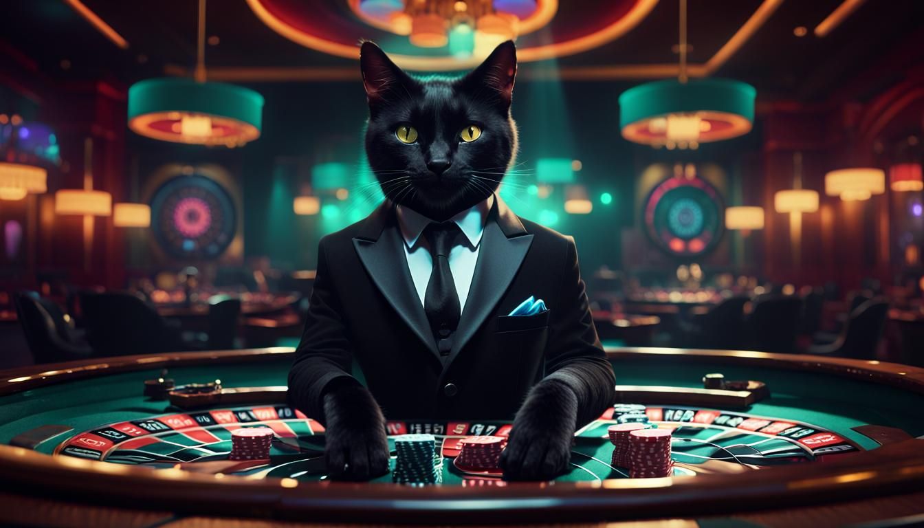 Black Cat Gambler at Roulette Table, Digital Art
