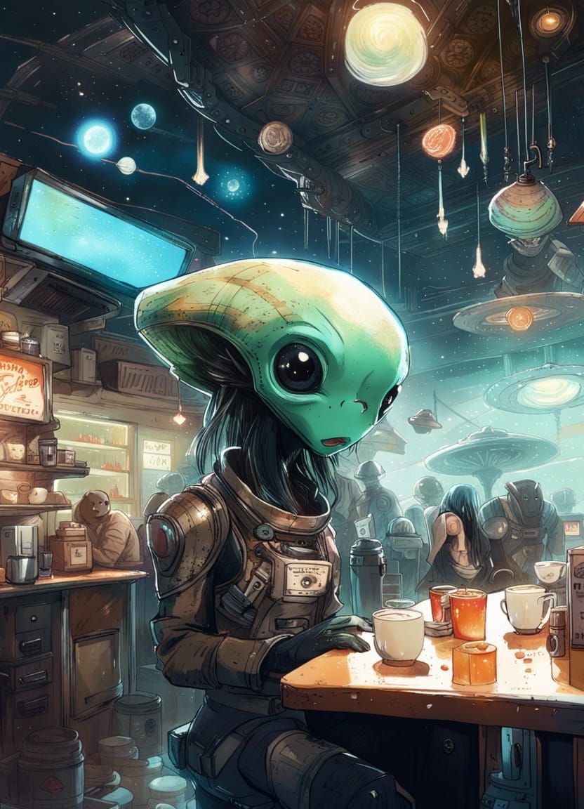 Anime Coffee Shop in Space: Digital Art