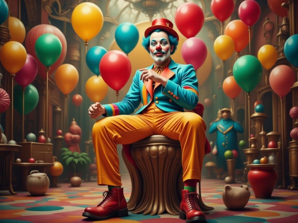 Whimsical Clown Perched on Hand-Shaped Stool