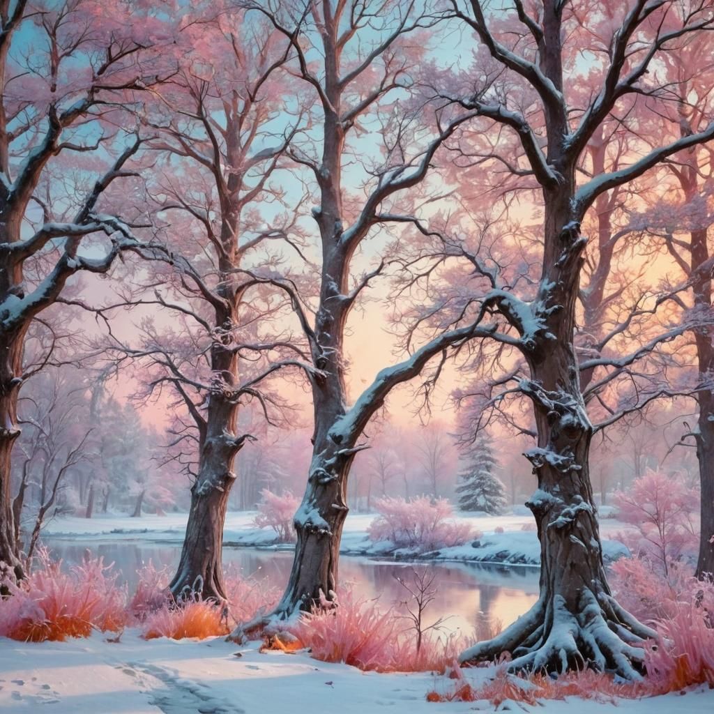 Pink and Orange Sunset Over Winter Wonderland