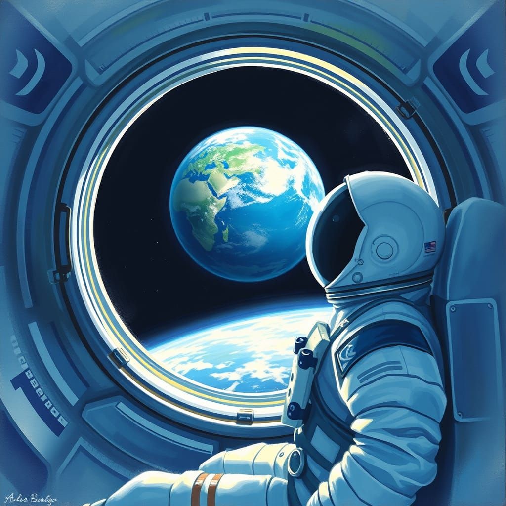 Astronaut Gazing at Earth from Space Station Painting
