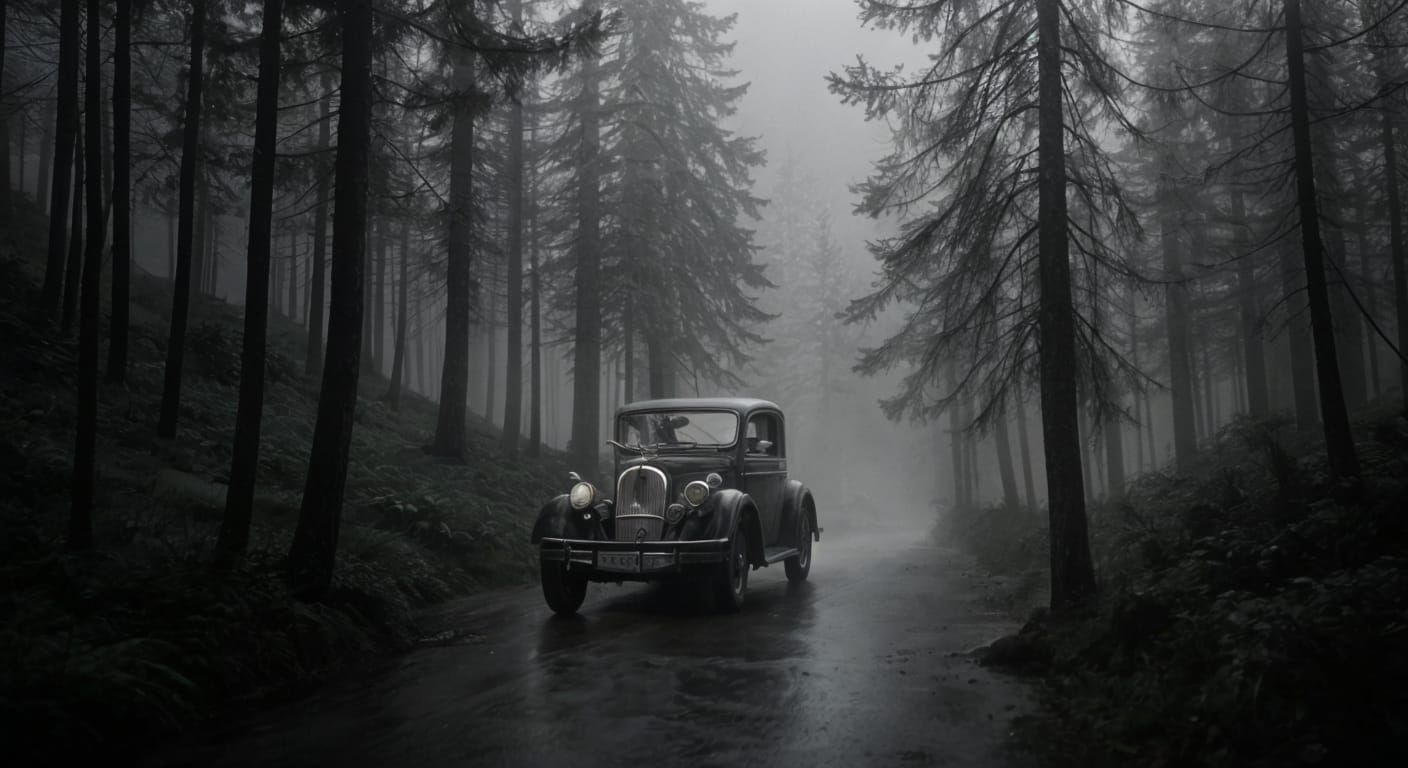 Moonlit 1930s Sedan at Midnight