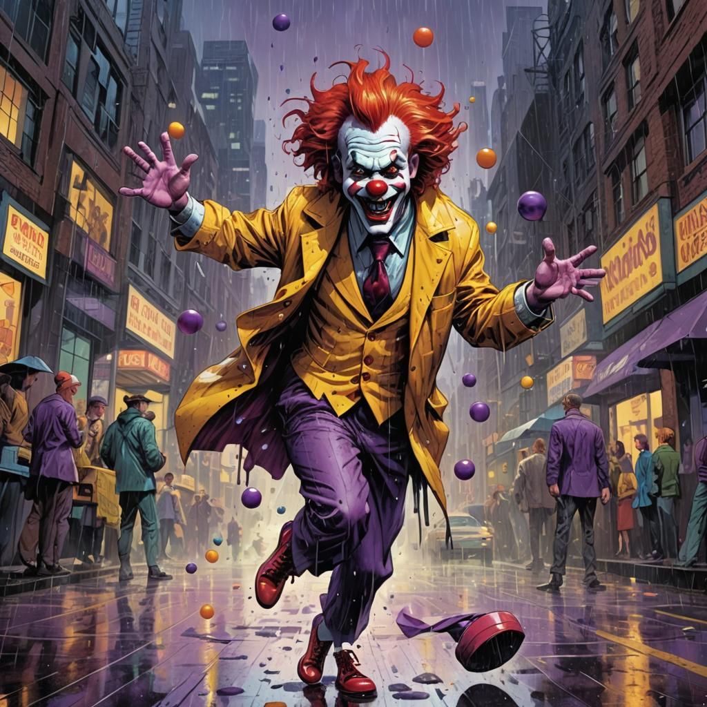 Funny Clown Juggling in the Rain, Comic Book Art