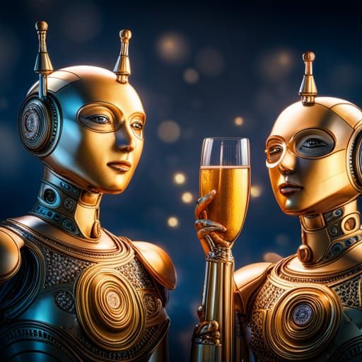 Robots Celebrate with Sparkling Champagne in HDR