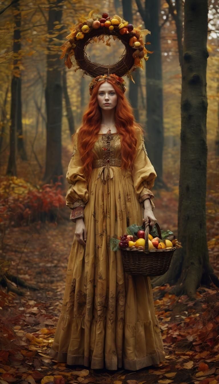 Slavic Autumn Goddess in Forest, Fantasy Art