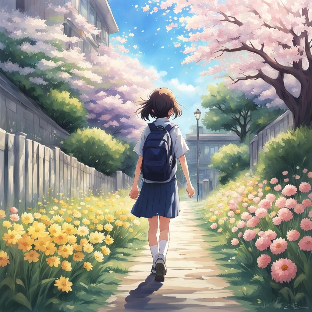 Girl Walks to School in Spring: Anime Style