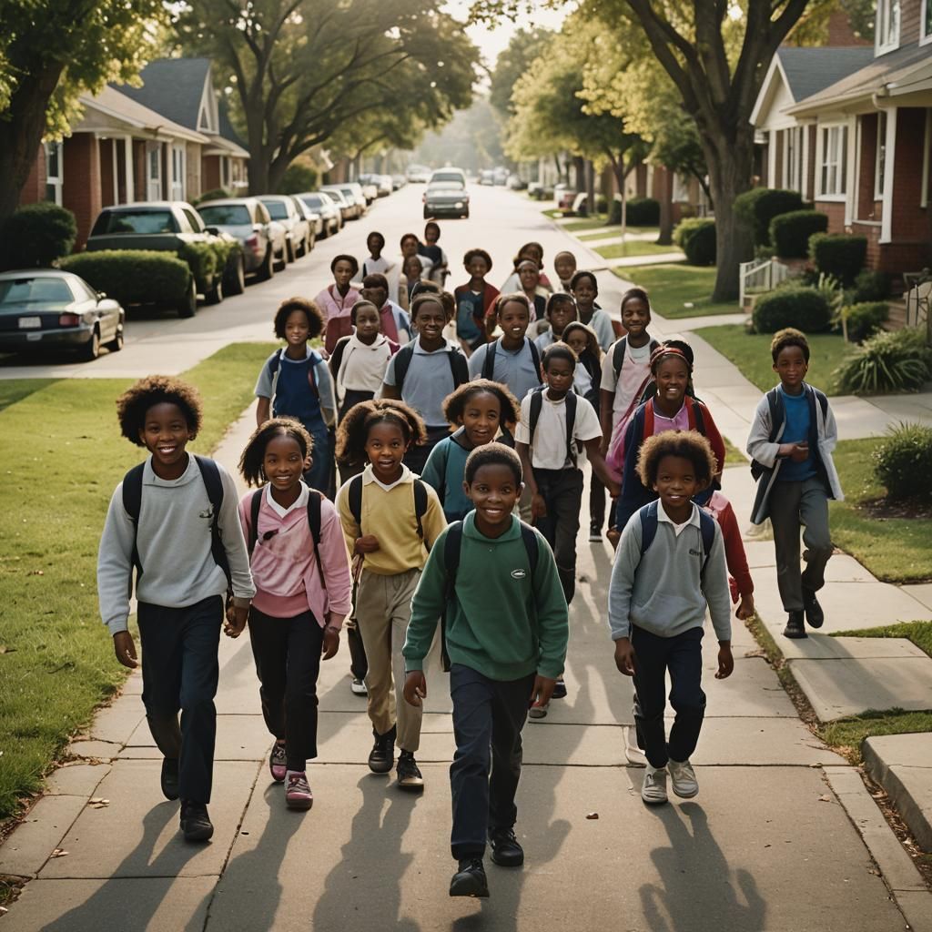 Black Children Walking to School in Documentary Style