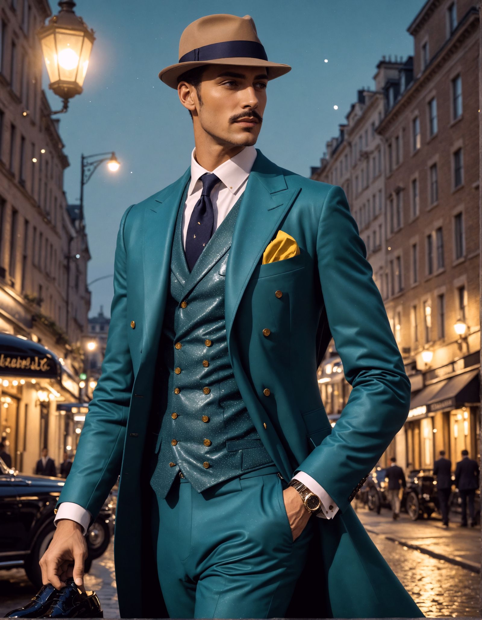 Elegant Gentleman in Midnight Blue Velvet Coat