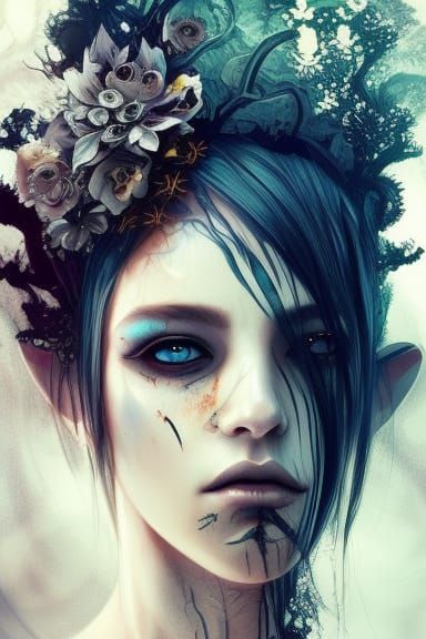 Auburn-haired Elf Girl in Eerie Floral Portrait