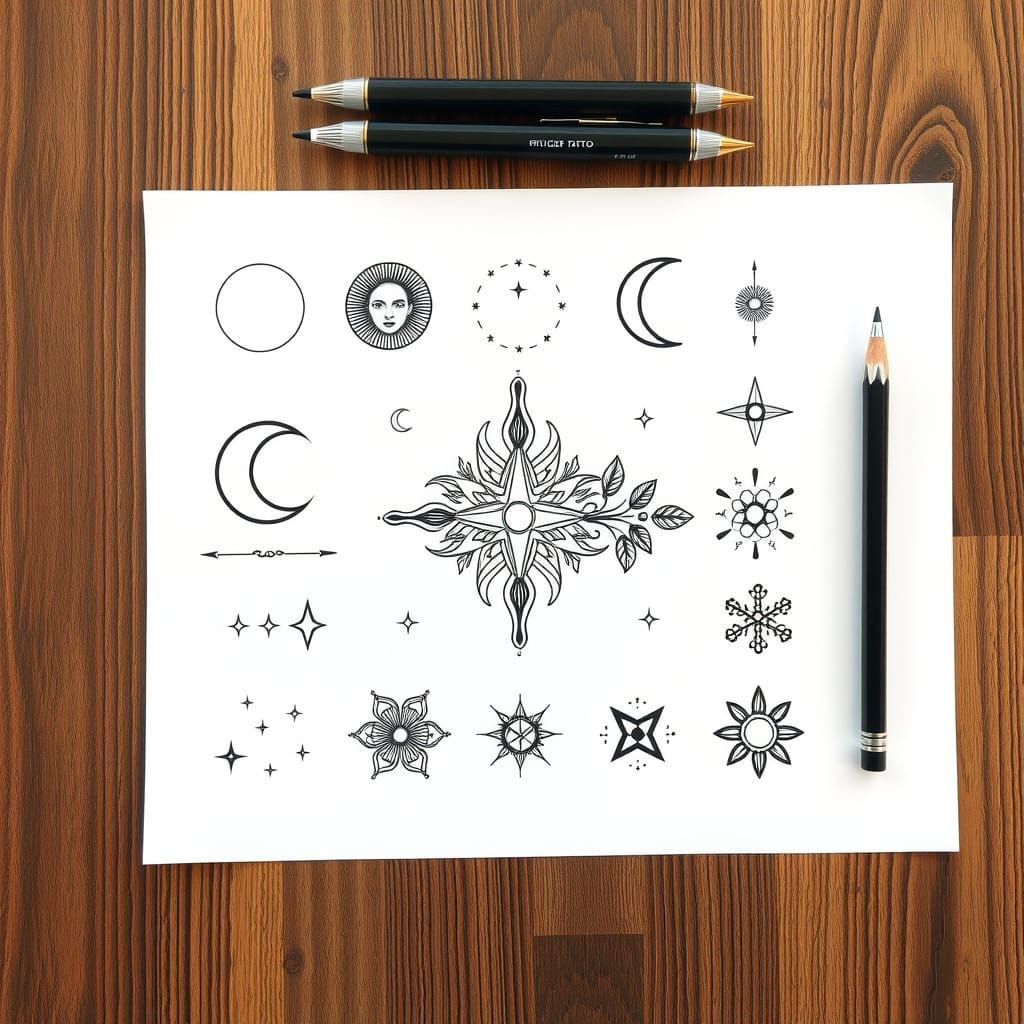 Minimalist Tattoo Flash Sheet with Fine Line Black Ink