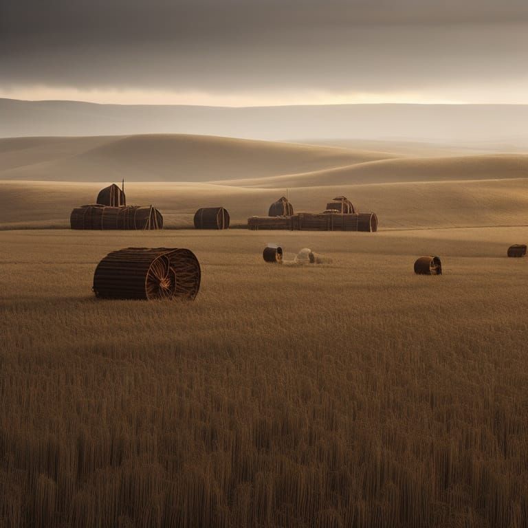 Monks Harvesting Wheat Fields: Detailed Matte Painting