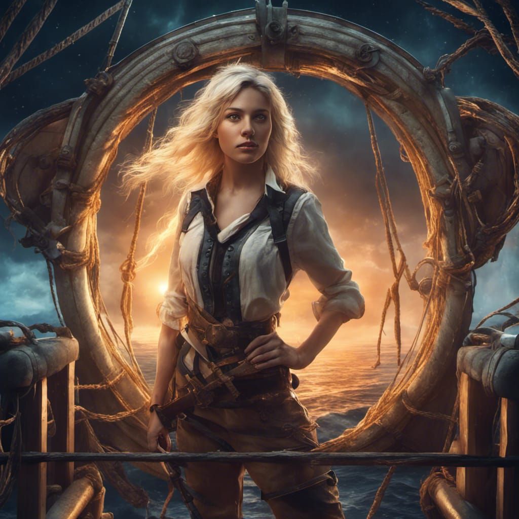 Fantasy Woman Archeologist Navigating Vortex Portal