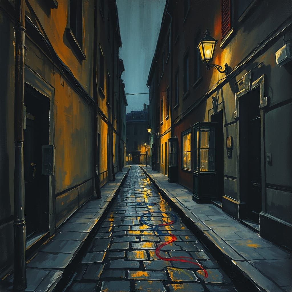 Hyperdetailed Nighttime Alleyway in Neo-Expressionist Oil Pa...