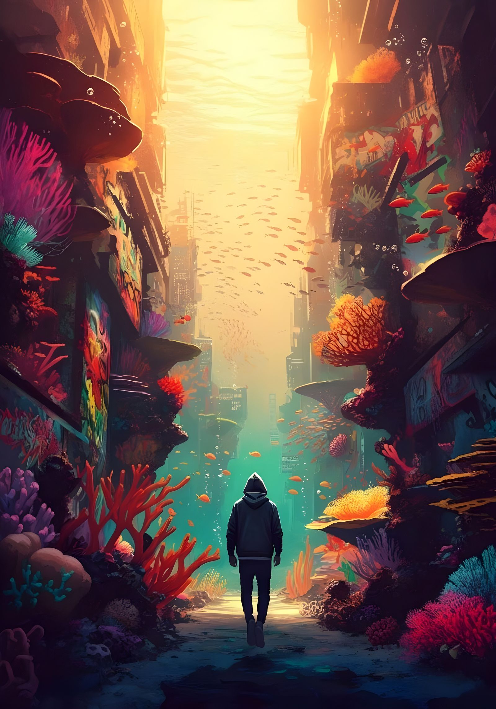 Urban Ocean Metropolis in Vibrant, High-Contrast Style