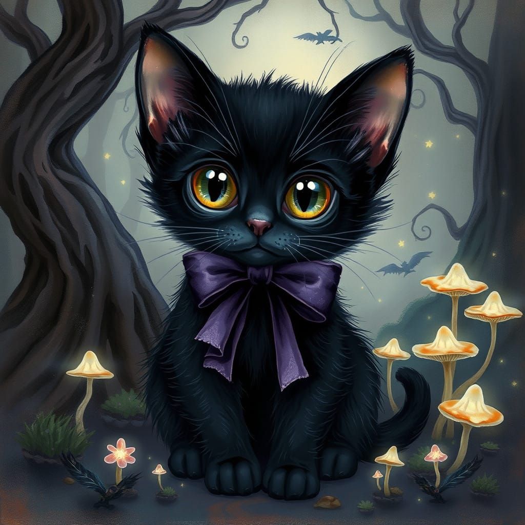 Whimsical Black Kitten in Midnight Purple Bow, in Surreal Fa...
