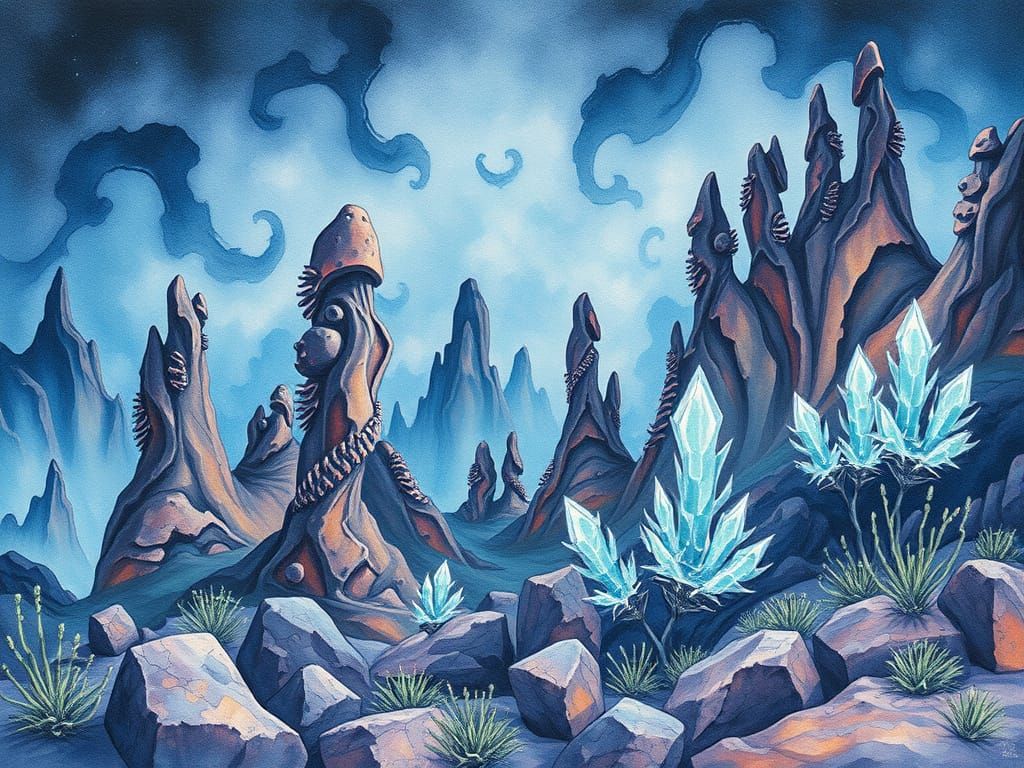 Surreal Alien Landscape in Soft Textured Watercolor