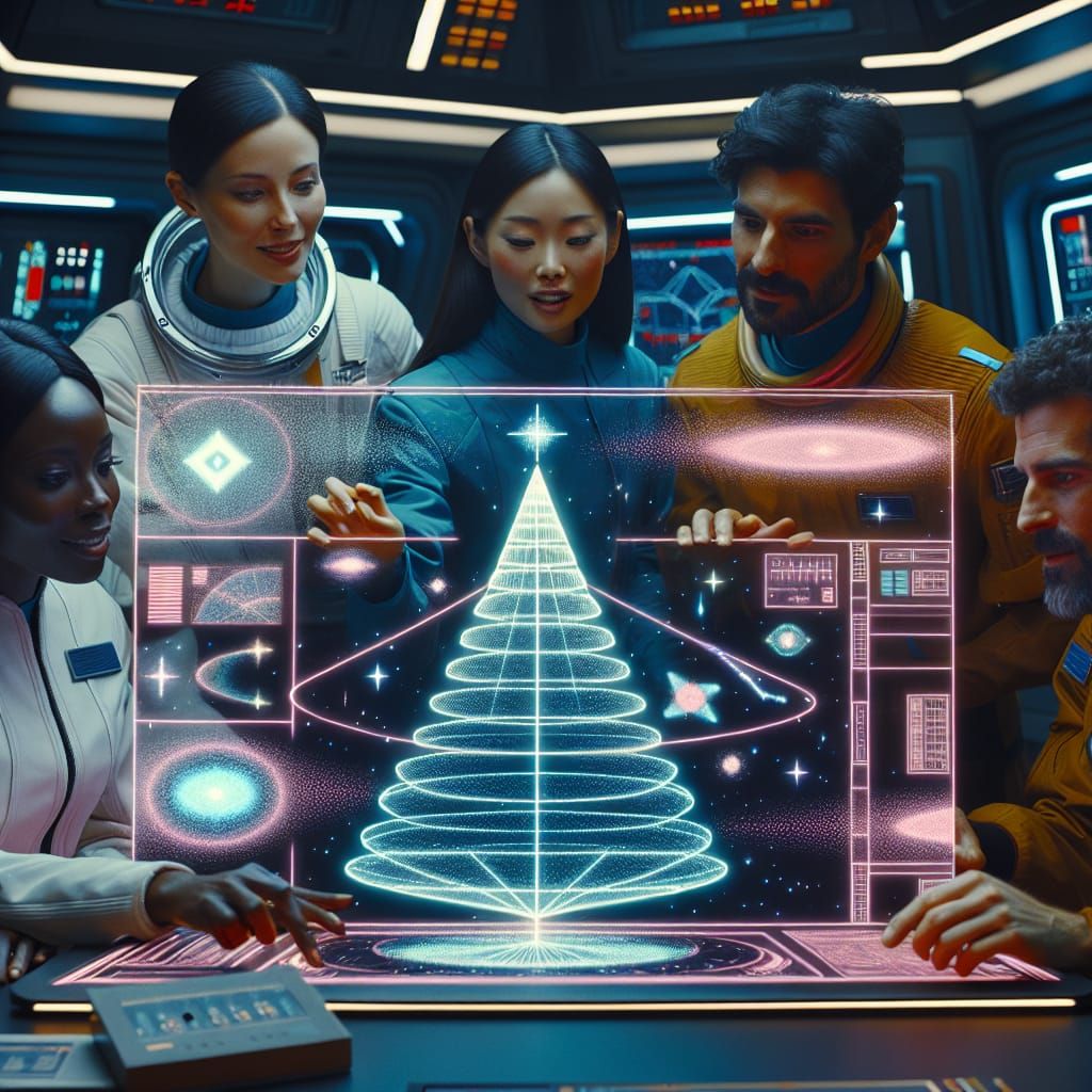 Diverse Crew Navigating Star Map in Retro-Futuristic Style