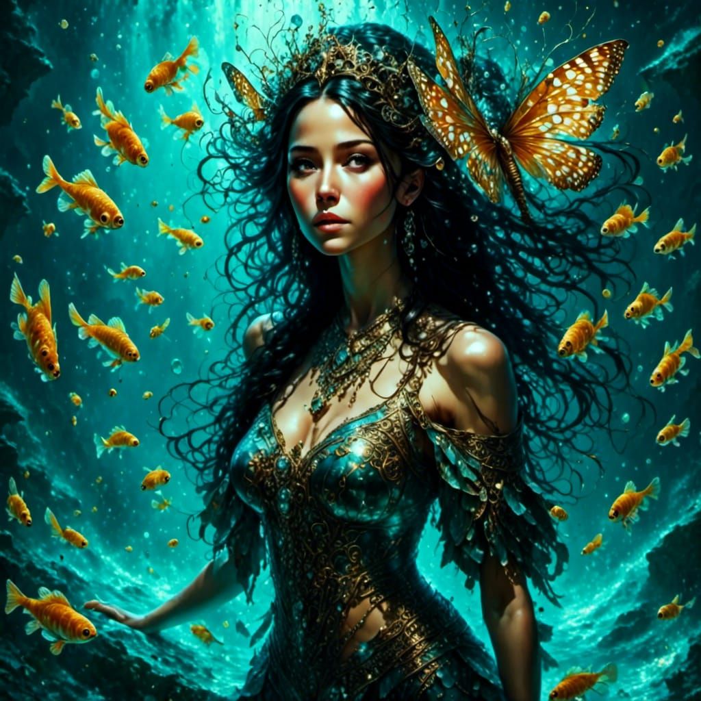 Angelic Being Floating Above Water and Crystals