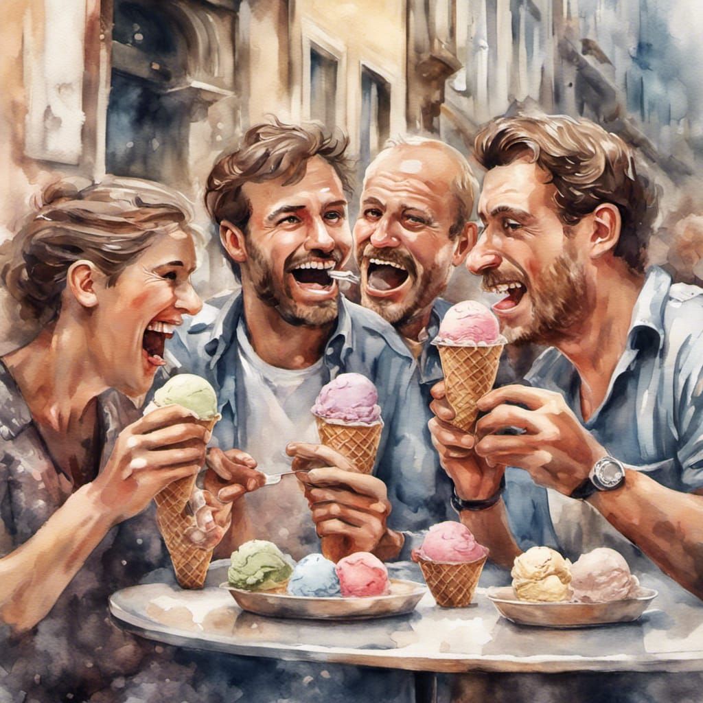 Happy People Eating Ice Cream in Watercolor Style