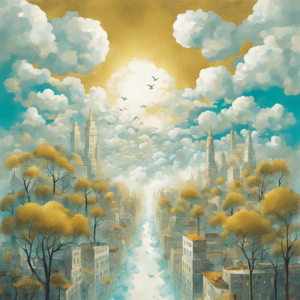 Dramatic Floral City Floating in Sky: Pointillist Style