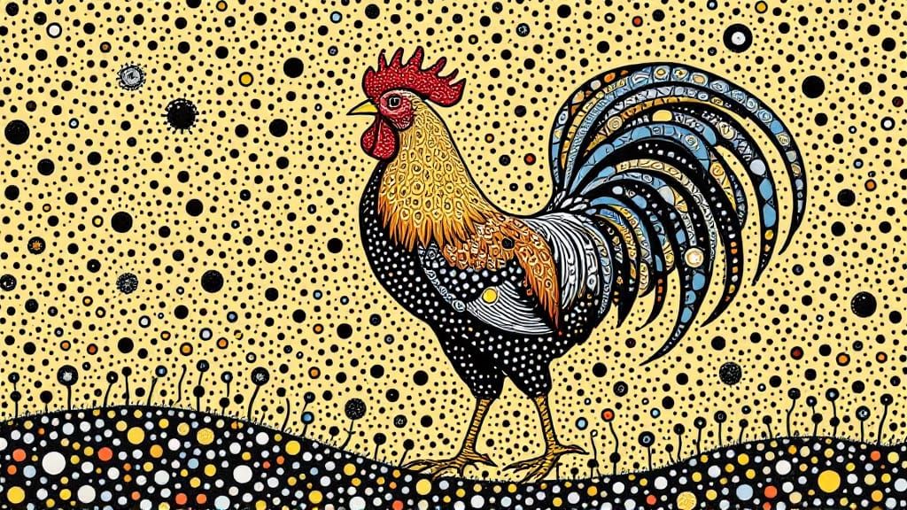 Rooster in Golden Hour with Bosch, Kusama, and Haring Fusion