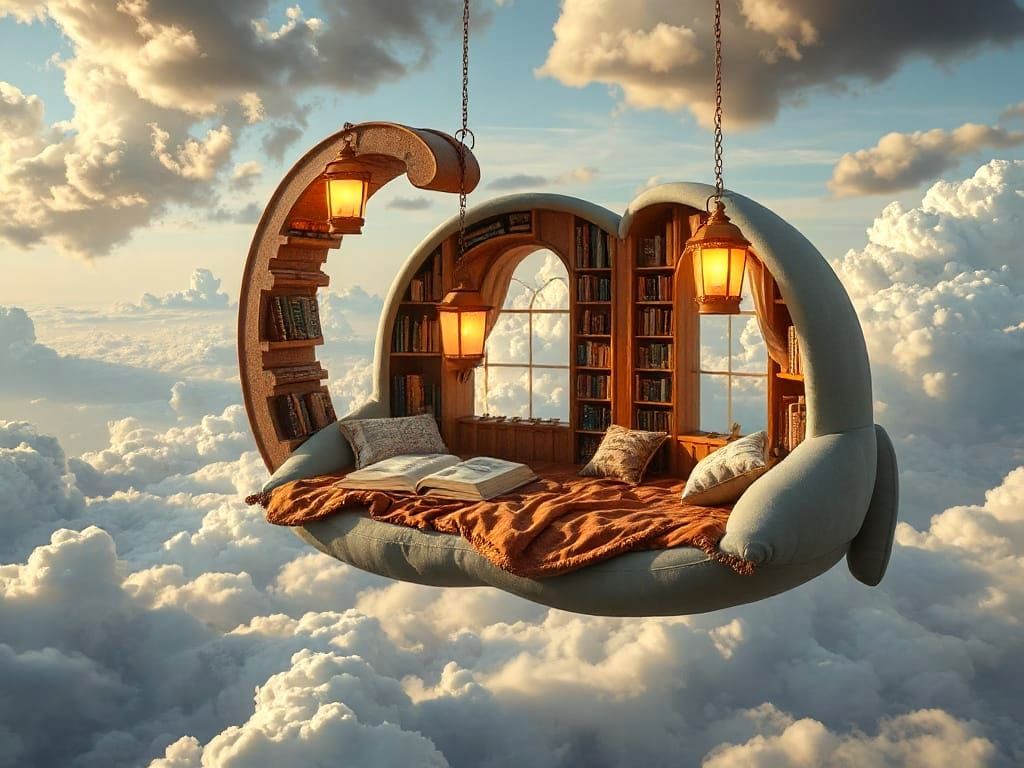 Surreal Reading Nook Floating in the Clouds