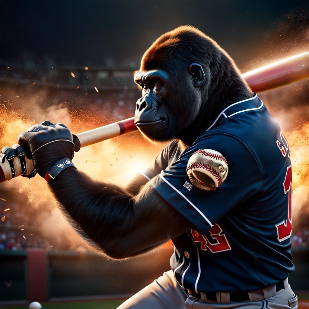 Gorilla Baseball Player Hitting Home Run