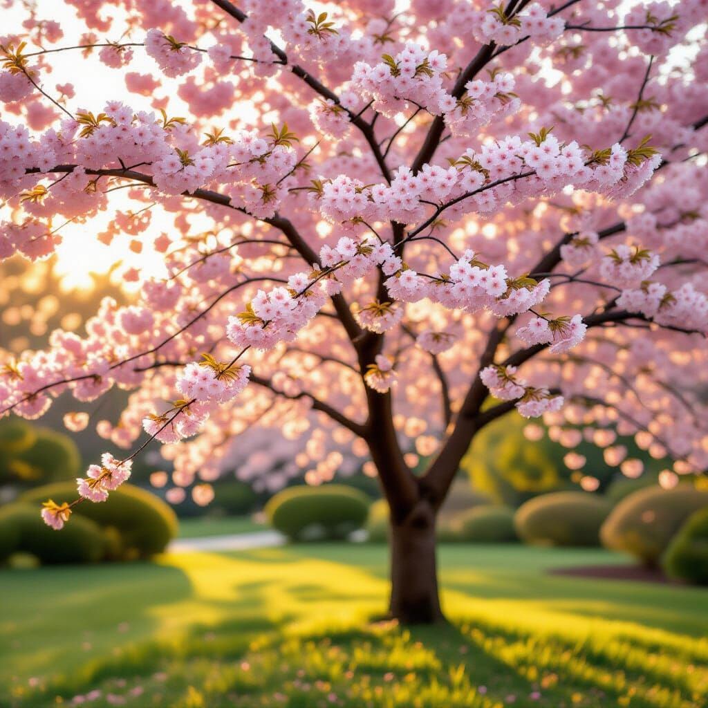 Photorealistic Cherry Tree in Golden Hour Bloom