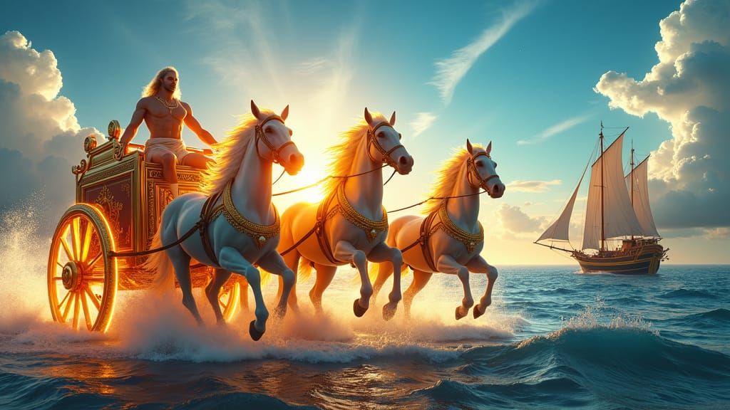 Helios on Fiery Chariot: Hyperrealistic God of Sun