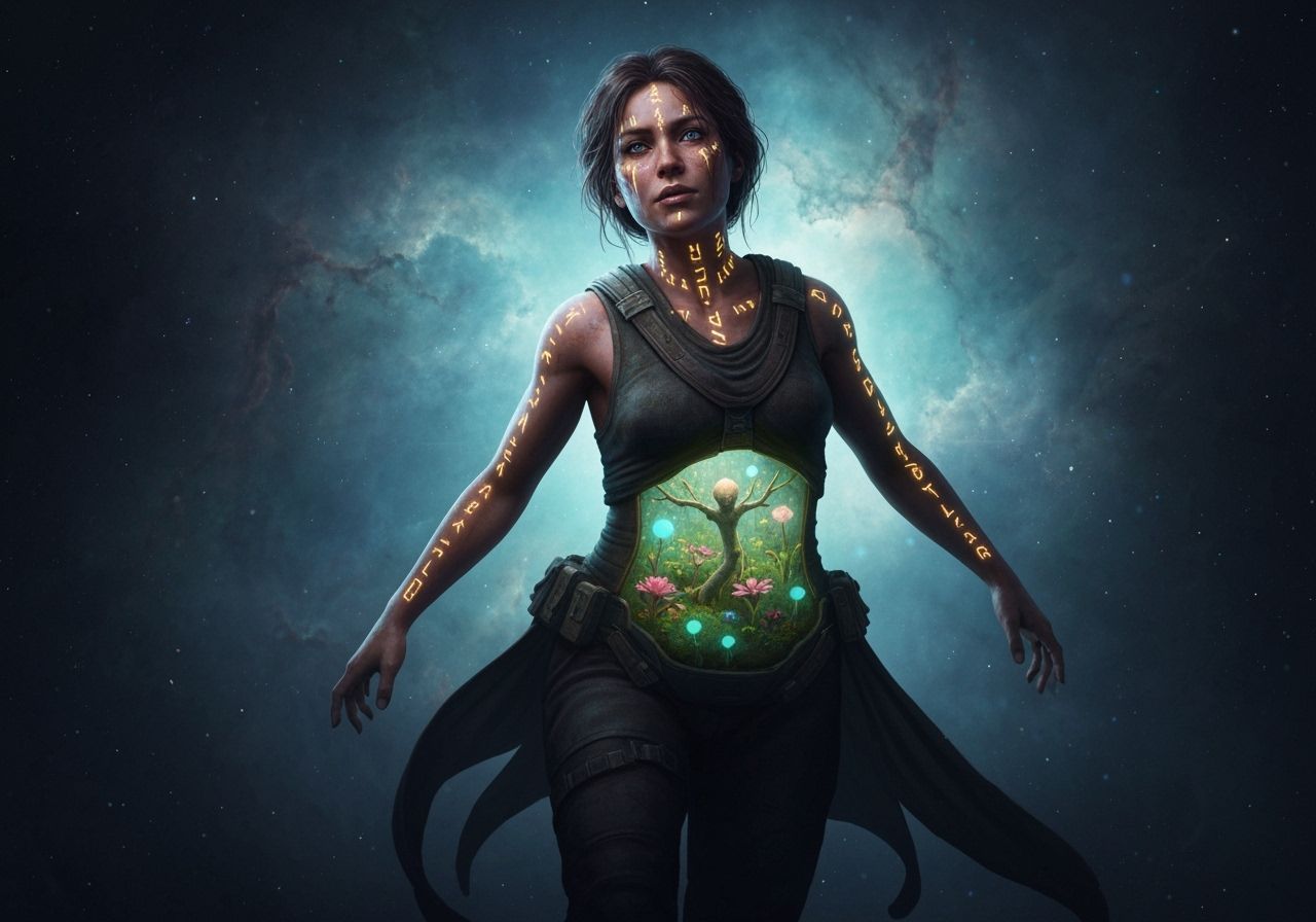Weathered Woman in Cosmic Nebula with Glowing Runes