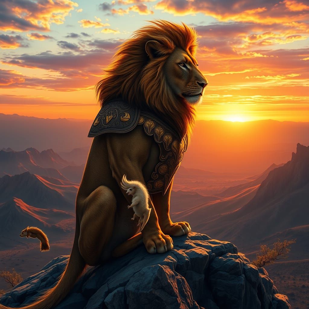 Regal Lion Dominates Windswept Peak in Golden Armor