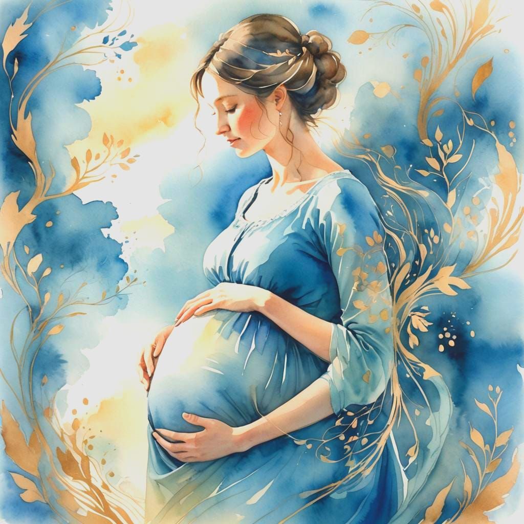 Watercolor Silhouette: Pregnant Woman with Baby
