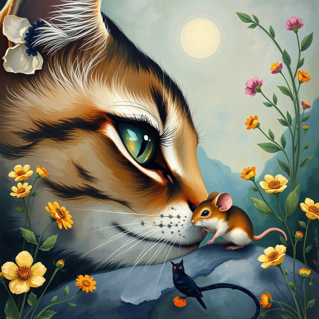 Whimsical Feline Eye and Mouse in Impressionist Masterpiece