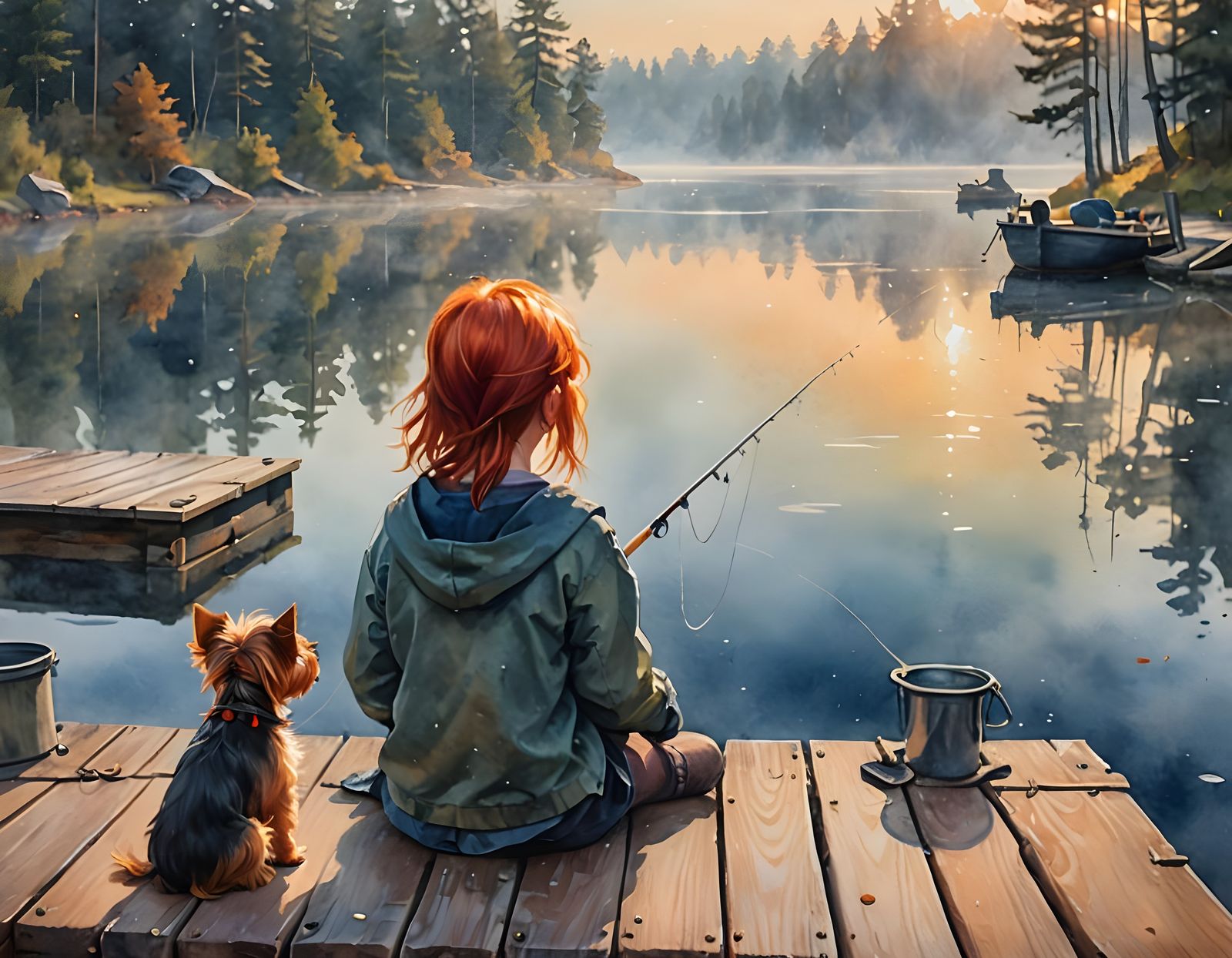 Child and Dog Fishing at Dawn, Watercolor Style
