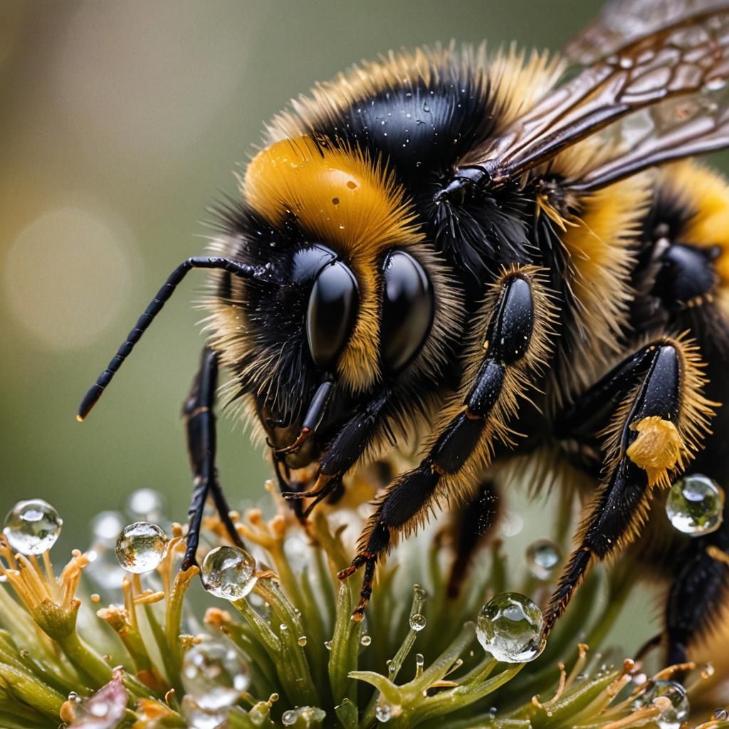 Bumblebee Drinks Dew: Macro Photography Close-Up