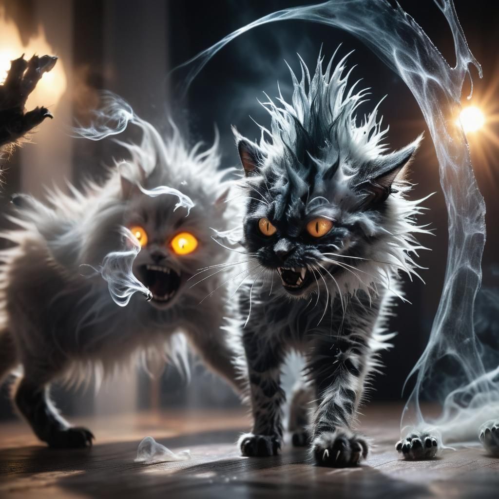Hyperrealistic Cat Confronts Afraid Ghost