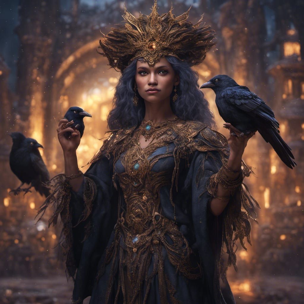 Wise Woman Raven Pointing in Starlight