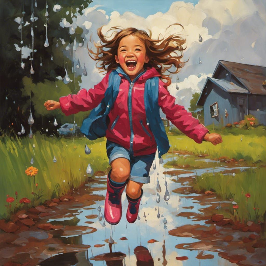 Girl Jumping in Muddy Puddle in Naive Art Style