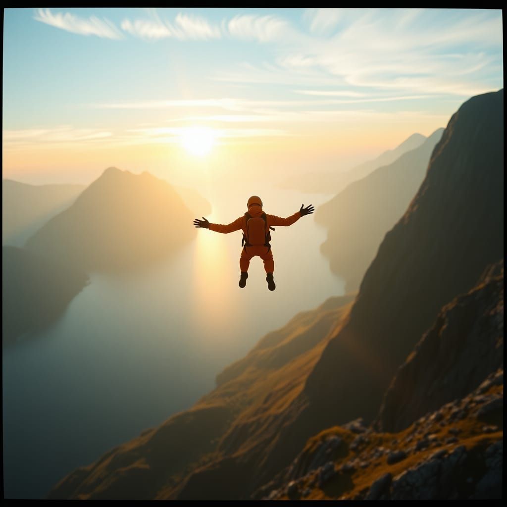 Skydiver Soars Above Norway Coastline at Sunset