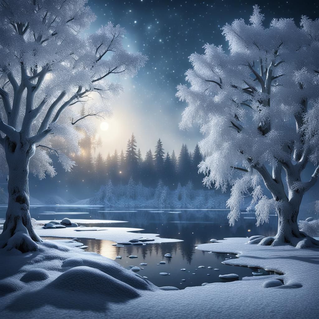 Winter Wonderland Landscape with Frosty Trees in Moonlight