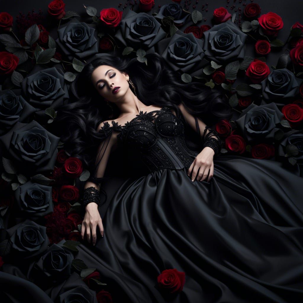 Gothic Princess Asleep Among Black Roses
