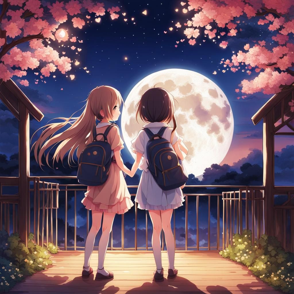Anime Girls Admire Moonlit Night View
