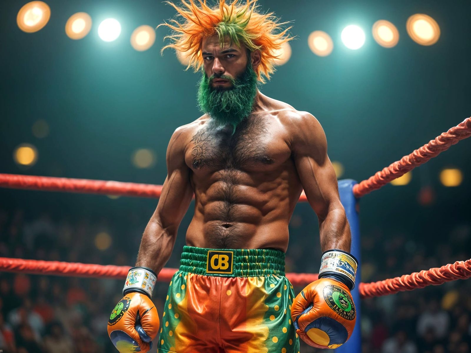 Psychedelic Boxer with Spiked Hair in the Ring