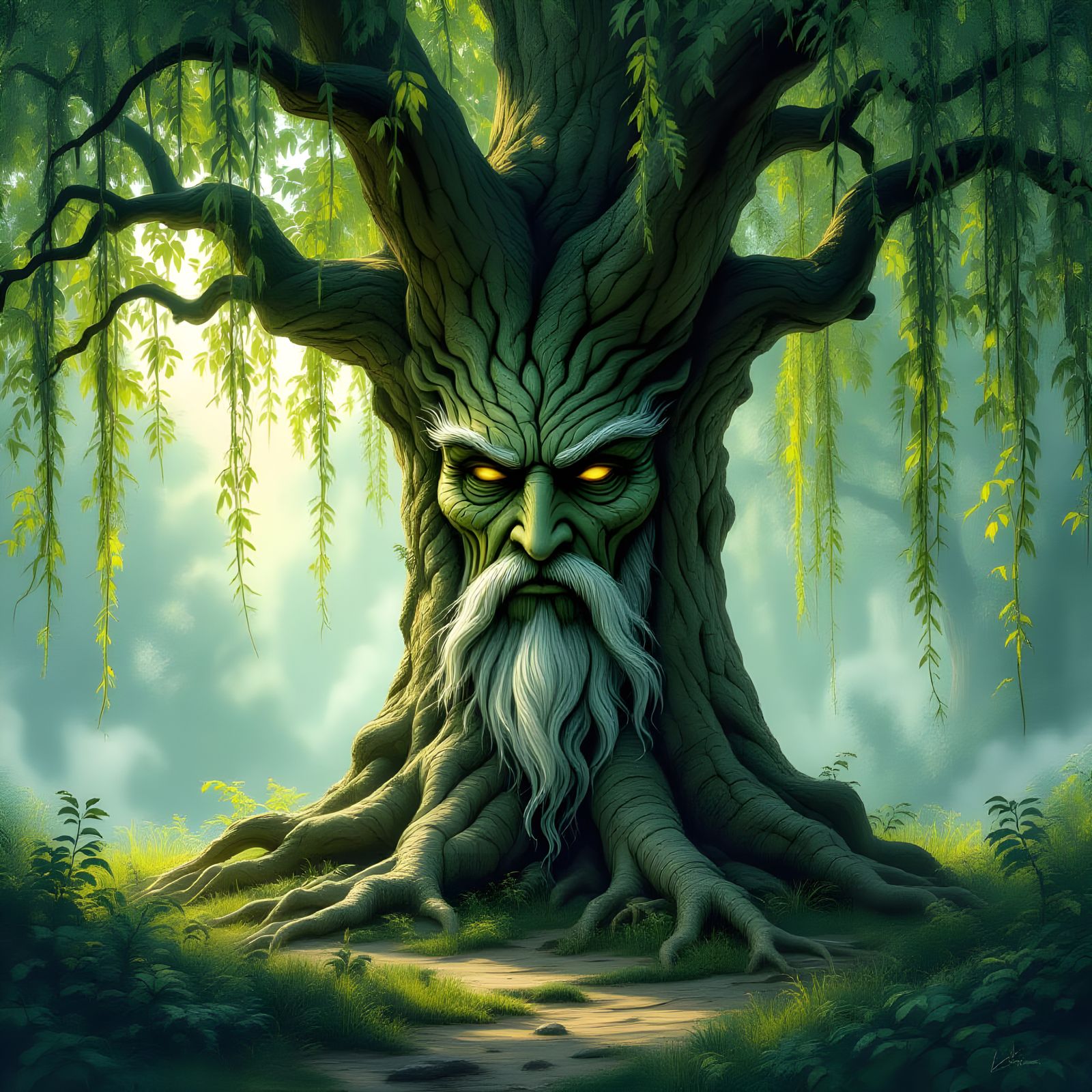 Ancient Willow Tree Face in Enchanted Forest Digital Paintin...